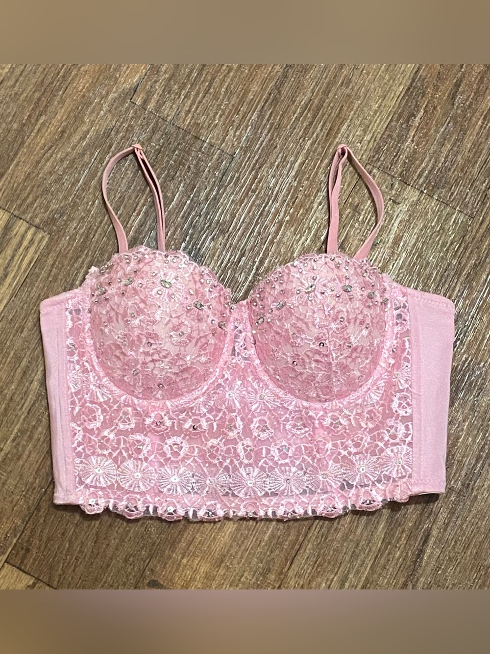 Atokiss Pink Rhinestone Lace Bustier Crop Top Bra XS 34B Couture Coquette Sexy